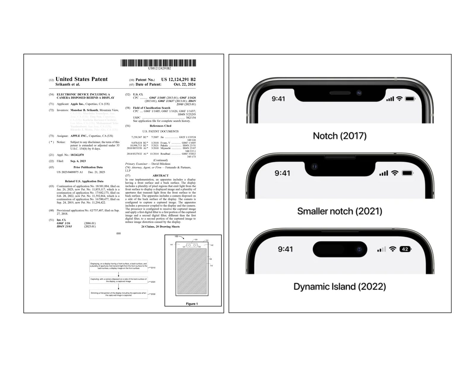 Front page of US Patent 12,124,291, 'Electronic device including a camera disposed behind a display,' inventors Srikanth et al., with the iPhone notch shrinking from 2017 to 2022