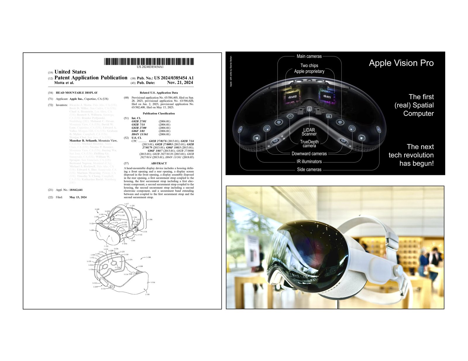 Front page of US patent application 2024/0385454, 'Head mountable display,' listing Manohar B. Srikanth among the inventors, with Vision Pro sensor diagrams